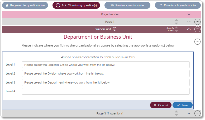 QuestionnaireBusinessUnitPage survey assess