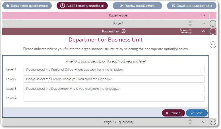 QuestionnaireBusinessUnitPage survey assess