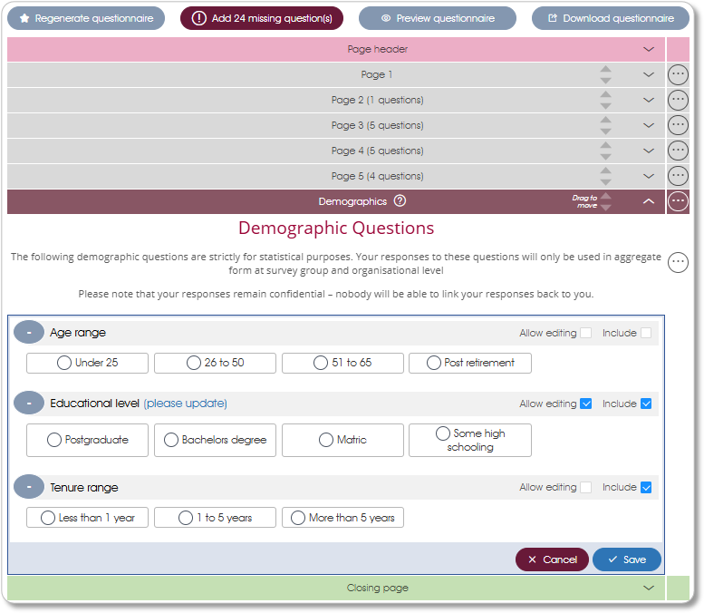 QuestionnaireDemographicsPage survey assess