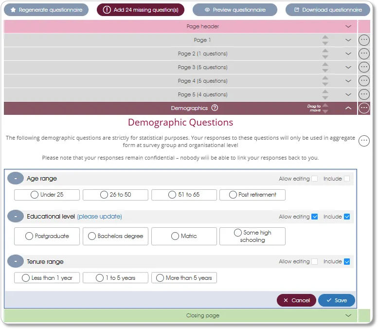 QuestionnaireDemographicsPage survey assess
